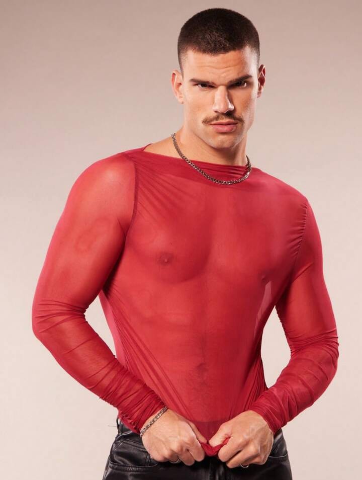 Men's Sheer Mesh V-Neck Slim Fit Cropped Tshirt